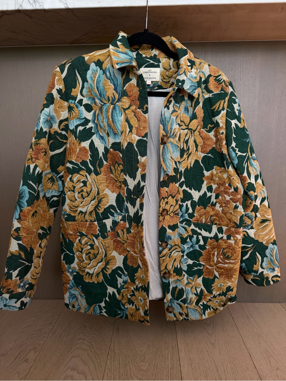 Sezane Floral Jacquard Jacket in Green, Mustard & Light Blue